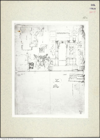 Vorderseite von Kunstbibliothek [https://www.deutsche-digitale-bibliothek.de/content/lizenzen/rv-ez/] Codex Destailleur DAncona: Trajans-Bogen: Ansicht des Bogens, Details und Profilaufnahmen von Sockeln, Gesimsen, Attika, Gebälk und eines Kapitells - , bh350449_recto. Foto.