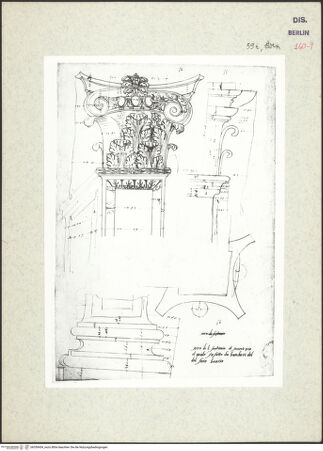 Vorderseite von Kunstbibliothek [https://www.deutsche-digitale-bibliothek.de/content/lizenzen/rv-ez/] Codex Destailleur DArgentarier-Bogen: Grundriss und Schnitt eines Pilasterkapitells, Vorderansicht eines Kompositkapitells - , bh350454_recto. Foto.