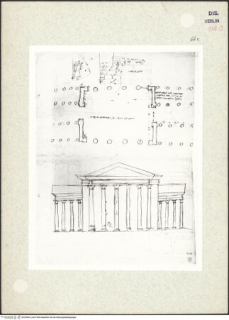 Vorderseite von Kunstbibliothek [https://www.deutsche-digitale-bibliothek.de/content/lizenzen/rv-ez/] Codex Destailleur DPorticus Octaviae: Grundriss und Aufriss des Portikus sowie Profile von Archivolte und Gesims - , bh350463_recto. Foto.