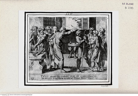 Vorderseite von Istituto Nazionale per la Grafica [http://creativecommons.org/publicdomain/mark/1.0/] "Historia del Testamento Vecchio dipinta in Roma nel Vaticano da Raffaello di Urbino"... 1613Die Salbung Davids - , bh355101. Foto.