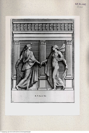 Vorderseite von Istituto Nazionale per la Grafica [http://creativecommons.org/publicdomain/mark/1.0/] "Parerga atqua ornamenta in Vaticani Palatij Xystis"; Stichfolge nach den Stuckarbeiten in den Loggien des VatikanTanzendes Frauenpaar; (Bl 3) - , bh355114. Foto.