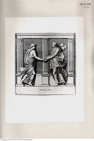 Vorderseite von Istituto Nazionale per la Grafica [http://creativecommons.org/publicdomain/mark/1.0/] "Parerga atqua ornamenta in Vaticani Palatij Xystis"; Stichfolge nach den Stuckarbeiten in den Loggien des VatikanTanzendes Frauenpaar; (Bl 9) - , bh355118. Foto.