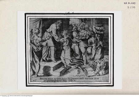 Vorderseite von Istituto Nazionale per la Grafica [http://creativecommons.org/publicdomain/mark/1.0/] "Historia del Testamento Vecchio dipinta in Roma nel Vaticano da Raffaello di Urbino"... 1613Salomon und die Königin von Saba - , bh355122. Foto.