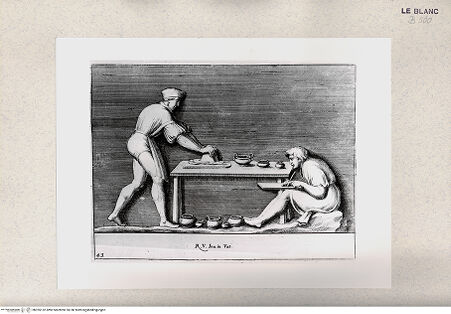 Vorderseite von Istituto Nazionale per la Grafica [http://creativecommons.org/publicdomain/mark/1.0/] "Parerga atqua ornamenta in Vaticani Palatij Xystis"; Stichfolge nach den Stuckarbeiten in den Loggien des VatikanMann, der Farben zerreibt und Mann, der zeichnet (Bl 43) - , bh355132. Foto.