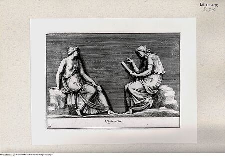 Vorderseite von Istituto Nazionale per la Grafica [http://creativecommons.org/publicdomain/mark/1.0/] "Parerga atqua ornamenta in Vaticani Palatij Xystis"; Stichfolge nach den Stuckarbeiten in den Loggien des VatikanSitzende Frau und schreibender Mann (Bl 41) - , bh355137. Foto.