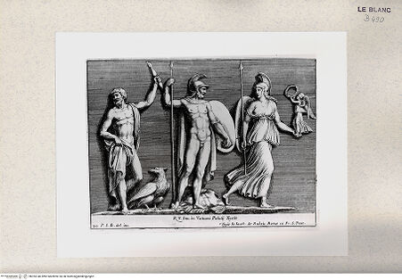 Vorderseite von Istituto Nazionale per la Grafica [http://creativecommons.org/publicdomain/mark/1.0/] "Parerga atqua ornamenta in Vaticani Palatij Xystis"; Stichfolge nach den Stuckarbeiten in den Loggien des VatikanZeus, Mars und Roma; (Bl 30) - , bh355140. Foto.