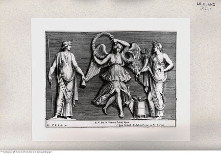 Vorderseite von Istituto Nazionale per la Grafica [http://creativecommons.org/publicdomain/mark/1.0/] "Parerga atqua ornamenta in Vaticani Palatij Xystis"; Stichfolge nach den Stuckarbeiten in den Loggien des VatikanAllegorische Figuren der seitlichen Stuckarbeiten; (Bl 12) - , bh355141. Foto.