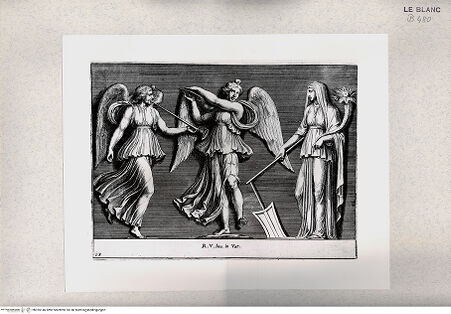 Vorderseite von Istituto Nazionale per la Grafica [http://creativecommons.org/publicdomain/mark/1.0/] "Parerga atqua ornamenta in Vaticani Palatij Xystis"; Stichfolge nach den Stuckarbeiten in den Loggien des VatikanAllegorische Figuren der seitlichen Stuckarbeiten; (Bl 13) - , bh355146. Foto.