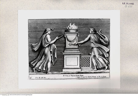 Vorderseite von Istituto Nazionale per la Grafica [http://creativecommons.org/publicdomain/mark/1.0/] "Parerga atqua ornamenta in Vaticani Palatij Xystis"; Stichfolge nach den Stuckarbeiten in den Loggien des VatikanOpfernde Frauen: Zwickel der vierten Arkade (Bl 16) - , bh355149. Foto.