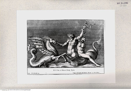 Vorderseite von Istituto Nazionale per la Grafica [http://creativecommons.org/publicdomain/mark/1.0/] "Parerga atqua ornamenta in Vaticani Palatij Xystis"; Stichfolge nach den Stuckarbeiten in den Loggien des VatikanNymphe und Triton; (Bl 20) - , bh355152. Foto.