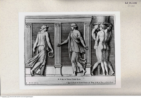 Vorderseite von Istituto Nazionale per la Grafica [http://creativecommons.org/publicdomain/mark/1.0/] "Parerga atqua ornamenta in Vaticani Palatij Xystis"; Stichfolge nach den Stuckarbeiten in den Loggien des VatikanTanzendes Frauenpaar; (Bl 6) - , bh355156. Foto.