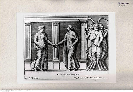 Vorderseite von Istituto Nazionale per la Grafica [http://creativecommons.org/publicdomain/mark/1.0/] "Parerga atqua ornamenta in Vaticani Palatij Xystis"; Stichfolge nach den Stuckarbeiten in den Loggien des VatikanTanzendes Frauenpaar und Faune; (Bl 8) - , bh355162. Foto.