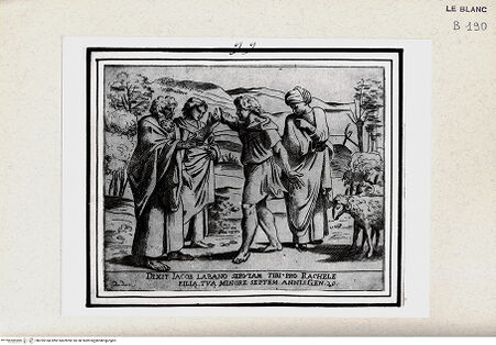 Vorderseite von Istituto Nazionale per la Grafica [http://creativecommons.org/publicdomain/mark/1.0/] "Historia del Testamento Vecchio dipinta in Roma nel Vaticano da Raffaello di Urbino"... 1613Jakob und Laban - , bh355184. Foto.