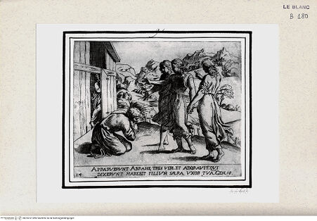 Vorderseite von Istituto Nazionale per la Grafica [http://creativecommons.org/publicdomain/mark/1.0/] "Historia del Testamento Vecchio dipinta in Roma nel Vaticano da Raffaello di Urbino"... 1613Abraham und die drei Engel - , bh355187. Foto.