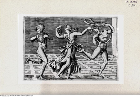 Vorderseite von Istituto Nazionale per la Grafica [http://creativecommons.org/publicdomain/mark/1.0/] Bacchantin tanzt mit zwei Faunen - , bh355219. Foto.