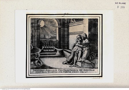 Vorderseite von Istituto Nazionale per la Grafica [http://creativecommons.org/publicdomain/mark/1.0/] "Historia del Testamento Vecchio dipinta in Roma nel Vaticano da Raffaello di Urbino"... 1613Issak und Rebekka werden von Abimelech beobachtet - , bh355284. Foto.