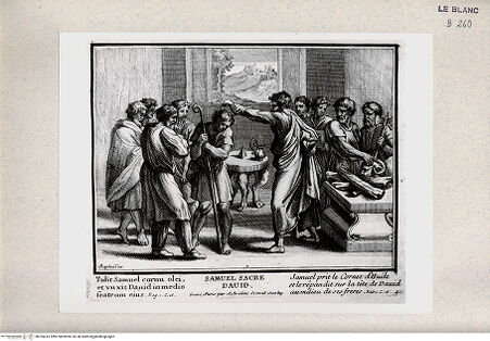 Vorderseite von Istituto Nazionale per la Grafica [http://creativecommons.org/publicdomain/mark/1.0/] Serie von Stichen nach den Loggien des VatikanDavid, von Samuel gesalbt (Bl 41) - , bh355419. Foto.