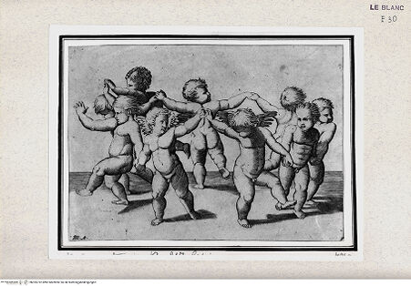 Vorderseite von Istituto Nazionale per la Grafica [http://creativecommons.org/publicdomain/mark/1.0/] Zwei Amoretten und sieben Kinder, die miteinander tanzen - , bh355752. Foto.