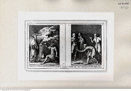 Vorderseite von Istituto Nazionale per la Grafica [http://creativecommons.org/publicdomain/mark/1.0/] "Geschichten aus dem Leben Konstantins" nach der Sala di CostantinoDer Heilige Sylvester heilt Konstantin von der Lepra; die Heilige Helena lässt das Kreuz ausgraben - , bh357745. Foto.