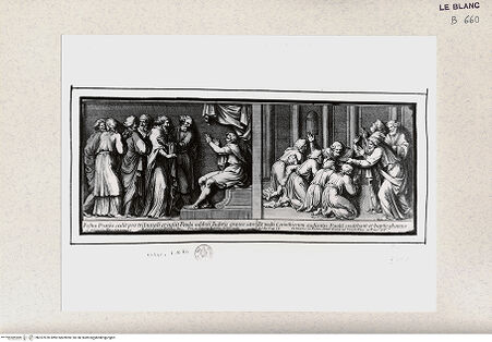 Vorderseite von Istituto Nazionale per la Grafica [http://creativecommons.org/publicdomain/mark/1.0/] Serie von nach biblischen Themen im Vatikan; Serie monochromer Fresken und WandteppichszenenDer Heilige Paulus vor dem Prokurator von Judäa - Der Heilige Paulus tauft die Korinther (ehemals Cappella Sistina) - , bh357870. Foto.