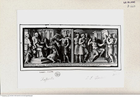 Vorderseite von Istituto Nazionale per la Grafica [http://creativecommons.org/publicdomain/mark/1.0/] Serie von nach biblischen Themen im Vatikan; Serie monochromer Fresken und WandteppichszenenDie Schenkung des Konstantin - Seleukus verurteilt seinen Sohn (Stanza di Eliodoro - Stanza della Segnatura) - , bh359631. Foto.