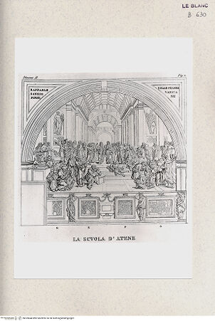 Vorderseite von Istituto Nazionale per la Grafica, Calcografia [http://creativecommons.org/publicdomain/mark/1.0/] Serie nach den Fresken in den Vatikanischen StanzenStanza II; Stanza della SegnaturaDie Schule von Athen (Stanza II, tav. 3) - , bh359644. Foto.