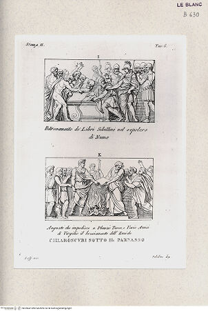 Vorderseite von Istituto Nazionale per la Grafica, Calcografia [http://creativecommons.org/publicdomain/mark/1.0/] Serie nach den Fresken in den Vatikanischen StanzenStanza II; Stanza della SegnaturaAlexander versteckt die Ilias in Homers Grab; Augustus verhindert die Verbrennung der Aeneis (Stanza II, tav. 6) - , bh359647. Foto.