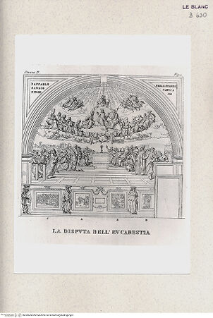 Vorderseite von Istituto Nazionale per la Grafica, Calcografia [http://creativecommons.org/publicdomain/mark/1.0/] Serie nach den Fresken in den Vatikanischen StanzenStanza II; Stanza della SegnaturaDie "Disputa" des Heiligen Sakraments (Stanza II, tav. 1) - , bh359649. Foto.