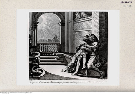 Vorderseite von Istituto Nazionale per la Grafica [http://creativecommons.org/publicdomain/mark/1.0/] Serie nach den biblischen Geschichten der Vatikanischen LoggienIsaak umarmt Rebecca; (Bl. 18) - , bh359653. Foto.