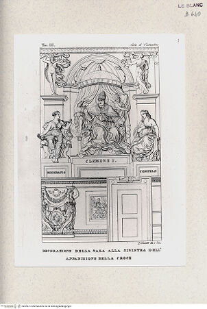 Vorderseite von Istituto Nazionale per la Grafica, Calcografia [http://creativecommons.org/publicdomain/mark/1.0/] Serie nach den Fresken in den Vatikanischen StanzenSala di CostantinoClemens I. zwischen den Allegorien der Mässigkeit und der Milde; (Sala di Constantino, tav. III) - , bh359671. Foto.