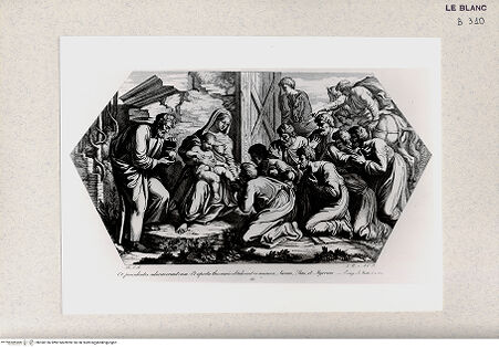 Vorderseite von Istituto Nazionale per la Grafica [http://creativecommons.org/publicdomain/mark/1.0/] Serie nach den biblischen Geschichten der Vatikanischen LoggienDie Anbetung der Könige; (Bl. 50) - , bh360156. Foto.