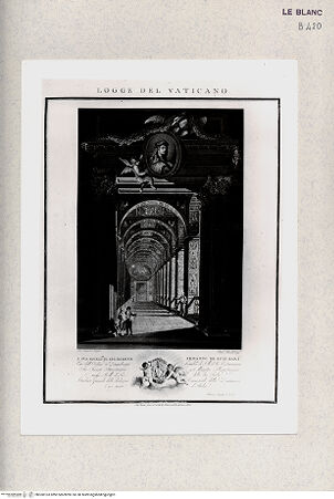 Vorderseite von Istituto Nazionale per la Grafica, Calcografia [http://creativecommons.org/publicdomain/mark/1.0/] Serie mit Pilasterdekorationen und Wandteppichbordüren der vatikanischen LoggienTitelblatt mit der Perspektive der Loggien - , bh360163. Foto.