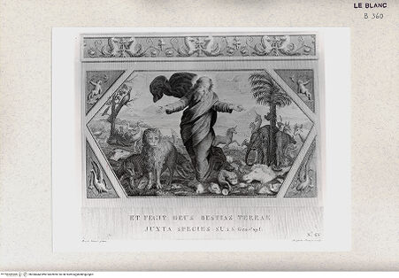 Vorderseite von Istituto Nazionale per la Grafica, Calcografia [http://creativecommons.org/publicdomain/mark/1.0/] "Picturae Peristyli Vaticani...1790"Gott erschafft die Tiere; (Bl. 4) - , bh360444. Foto.