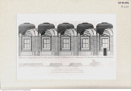 Vorderseite von Istituto Nazionale per la Grafica, Calcografia [http://creativecommons.org/publicdomain/mark/1.0/] "Loggie di Rafaele nel Vaticano" von G. Ottaviani und G. Volpato3. TeilLängsschnitt der Loggien - , bh360455. Foto.