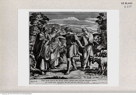Vorderseite von Istituto Nazionale per la Grafica, Calcografia [http://creativecommons.org/publicdomain/mark/1.0/] "Imagines Veteris ac Novi Testamenti", Serie der biblischen Geschichten nach RaffaelDer Streit von Laban und Jakob - , bh360519. Foto.
