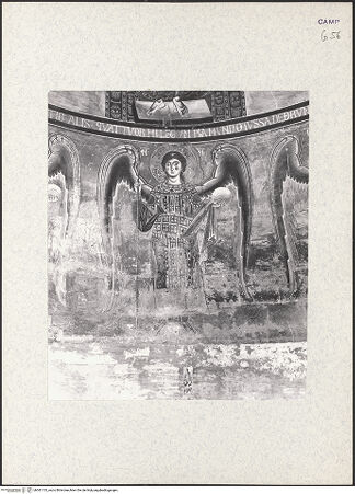 Vorderseite von unbekannt [https://www.deutsche-digitale-bibliothek.de/content/lizenzen/rv-ez/] Majestas Domini mit Evangelistensymbolen, Erzengeln, Stifter und HeiligemMittleres Register: drei Erzengel zwischen dem Abt Desiderius von Montecassino und dem heiligen Benedikt von Nursia - Detail: Erzengel Michael, bh361133_recto. Foto: Hutzel, Max.