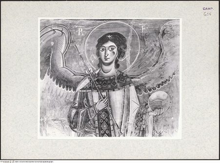 Vorderseite von unbekannt [https://www.deutsche-digitale-bibliothek.de/content/lizenzen/rv-ez/] Majestas Domini mit Evangelistensymbolen, Erzengeln, Stifter und HeiligemMittleres Register: drei Erzengel zwischen dem Abt Desiderius von Montecassino und dem heiligen Benedikt von Nursia - Erzengel Raphael, Detail: Kopf und Oberkörper, bh361134_recto. Foto: Hutzel, Max.