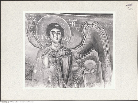 Vorderseite von unbekannt [https://www.deutsche-digitale-bibliothek.de/content/lizenzen/rv-ez/] Majestas Domini mit Evangelistensymbolen, Erzengeln, Stifter und HeiligemMittleres Register: drei Erzengel zwischen dem Abt Desiderius von Montecassino und dem heiligen Benedikt von Nursia - Erzengel Gabriel, Detail: Kopf und Oberkörper, bh361136_recto. Foto: Hutzel, Max.