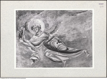 Vorderseite von unbekannt [https://www.deutsche-digitale-bibliothek.de/content/lizenzen/rv-ez/] Majestas Domini mit Evangelistensymbolen, Erzengeln, Stifter und HeiligemApsiskalotte: Thronender Christus, umgeben von Evangelistensymbolen - Detail: rechter Engel, bh361137_recto. Foto: Hutzel, Max.