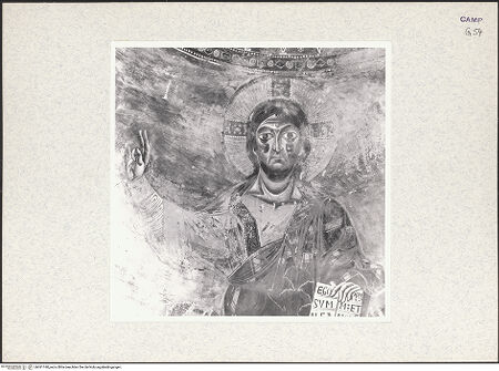 Vorderseite von unbekannt [https://www.deutsche-digitale-bibliothek.de/content/lizenzen/rv-ez/] Majestas Domini mit Evangelistensymbolen, Erzengeln, Stifter und HeiligemApsiskalotte: Thronender Christus, umgeben von Evangelistensymbolen - Christus, Detail: Kopf und Oberkörper, bh361140_recto. Foto: Hutzel, Max.