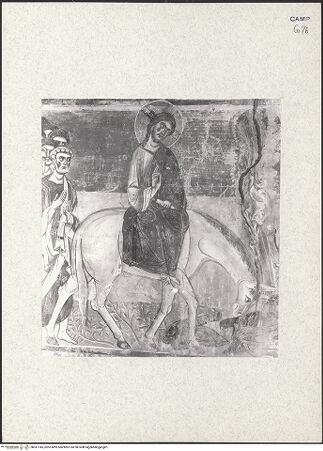 Vorderseite von Getty Research Institute? [https://www.deutsche-digitale-bibliothek.de/content/lizenzen/rv-ez/] Szenen aus dem Neuen Testament und ProphetenSüdwand: Szenen aus dem Leben Christi und ProphetenUnteres Register: Lehrtätigkeit Christi und Beginn der PassionEinzug in Jerusalem - Detail:Christus auf dem Esel reitend, bh361145_recto. Foto: Hutzel, Max.