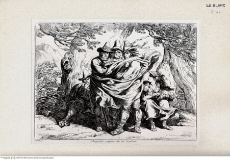 Vorderseite von Bibliotheca Hertziana [http://creativecommons.org/publicdomain/mark/1.0/] Nuova raccolta di cinquanta costumi de' contorni di Roma compresi diversi fatti di briganti : cominciati l'anno 1819, compiti nel 1822 / disegnati ed incisi all'acqua forte da Bartolomeo Pinelli, Roma : Gio. Scudellari, 1823Briganten, die von einem Wirbelsturm überrascht werden; tav. [43] - , bh361392. Foto.