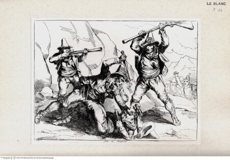 Vorderseite von Bibliotheca Hertziana [http://creativecommons.org/publicdomain/mark/1.0/] Nuova raccolta di cinquanta costumi de' contorni di Roma compresi diversi fatti di briganti : cominciati l'anno 1819, compiti nel 1822 / disegnati ed incisi all'acqua forte da Bartolomeo Pinelli, Roma : Gio. Scudellari, 1823Streit zwischen Briganten; tav. [48] - , bh361395. Foto.