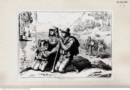 Vorderseite von Bibliotheca Hertziana [http://creativecommons.org/publicdomain/mark/1.0/] Nuova raccolta di cinquanta costumi de' contorni di Roma compresi diversi fatti di briganti : cominciati l'anno 1819, compiti nel 1822 / disegnati ed incisi all'acqua forte da Bartolomeo Pinelli, Roma : Gio. Scudellari, 1823Familie aus der Ciociaria; tav.[35] - , bh361397. Foto.