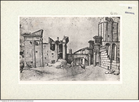 Vorderseite von El Escorial ? [https://www.deutsche-digitale-bibliothek.de/content/lizenzen/rv-ez/] Codex EscurialensisAnsicht des Forum Nerva mit dem unter Paul V 1611 zerstörten Tempelum Minervae - , bh361857_recto. Foto.