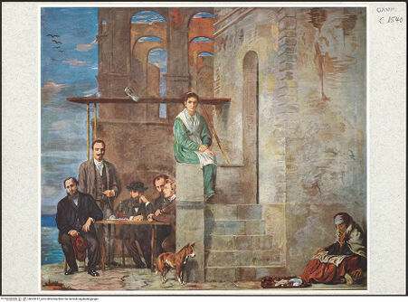 Vorderseite von unbekannt [https://www.deutsche-digitale-bibliothek.de/content/lizenzen/rv-ez/] Landschaft mit Ruine des Palazzo Donn'Anna und Porträts des Dohrn, Kleinenberg, Grant, Marées, Hildebrand - Gesamtansicht, bh363912_recto. Foto: Fietz, Helga.