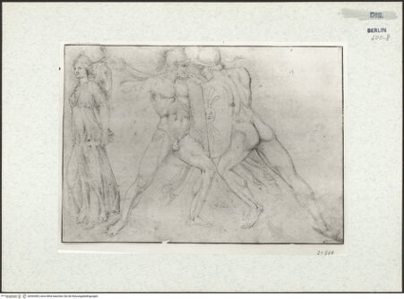 Vorderseite von Staatliche Museen zu Berlin - Preußischer Kulturbesitz,  Kupferstichkabinett [https://www.deutsche-digitale-bibliothek.de/content/lizenzen/rv-ez/] Figuren von der linken Vorderseite des Leukippiden-Sarkophags aus dem Innenhof des Palazzo della Valle - Gesamtansicht, bh364403_recto. Foto: Anders, Jörg P..