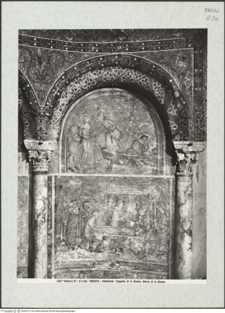 Vorderseite von Alinari [https://www.deutsche-digitale-bibliothek.de/content/lizenzen/rv-ez/] Szenen aus der Vita des heiligen JustusDer heilige Justus wird, nachdem man an seinen Händen und Füßen große Steine angebracht hatte, ins Meer geworfen (Lünette); Aufbahrung des Heiligen - Gesamtansicht (in der Apsis der Gedächtniskapelle für den heiligen Justus), bh365151_recto. Foto.