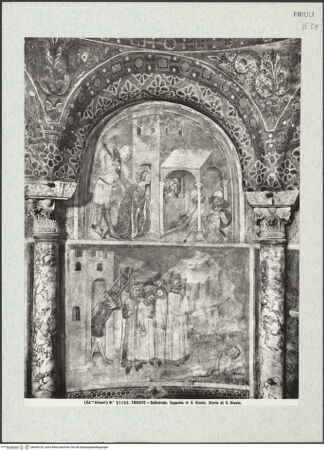 Vorderseite von Alinari [https://www.deutsche-digitale-bibliothek.de/content/lizenzen/rv-ez/] Szenen aus der Vita des heiligen JustusGefangennahme (Lünette); Auffindung des Leichnams an der Riva Grumula - Gesamtansicht (in der Apsis der Gedächtniskapelle für den heiligen Justus), bh365152_recto. Foto.