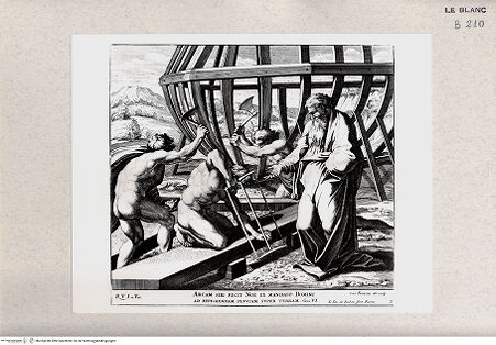 Vorderseite von Istituto Nazionale per la Grafica, Calcografia [http://creativecommons.org/publicdomain/mark/1.0/] "Imagines Veteris ac Novi Testamenti", Serie der biblischen Geschichten nach RaffaelDer Bau der Arche (Bl 9) - , bh365698. Foto.